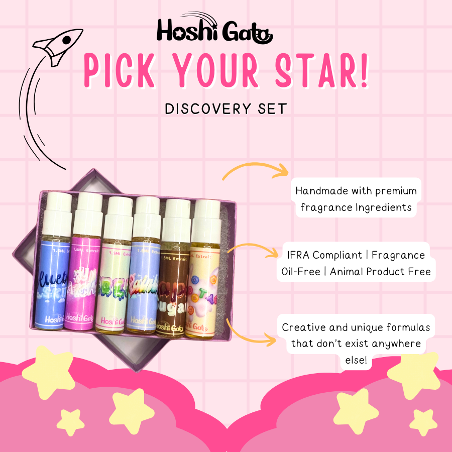 A cute graphic with text that reads: "pick your star discovery set! Handmade with premium fragrance ingredients. IFRA compliant. Fragrance oil-free, Animal Product-free. Creative and unique formulas that don't exist anywhere else!" With a photo of the sample set box containing 6 perfumes.
