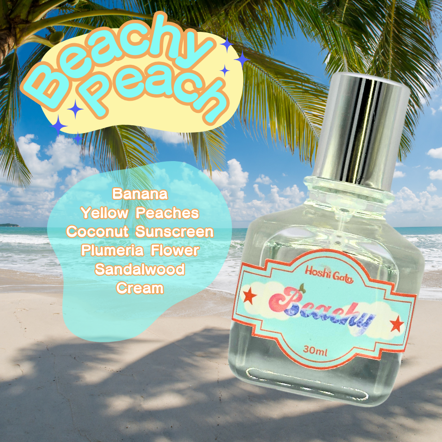 Bottle of Beachy Peach against the backdrop of a tropical beach with the notes listed in text.