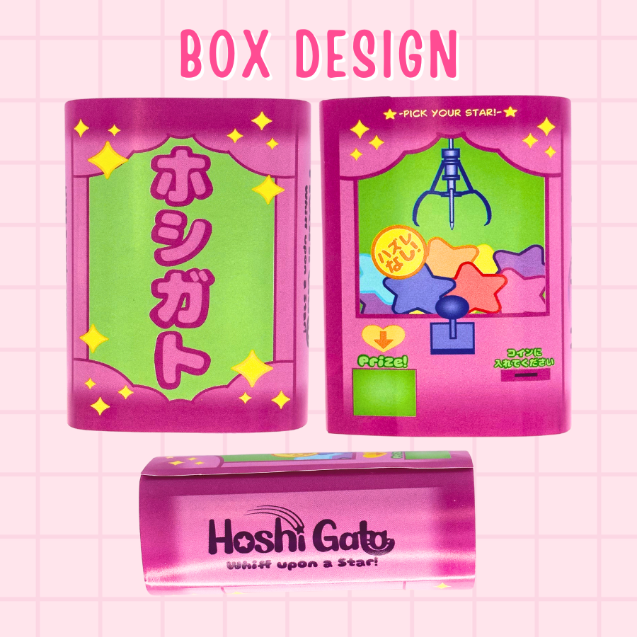 Box design for the sample set which includes a motif of a claw machine picking up multicolored stars. The machine is primarily pink and lime green.