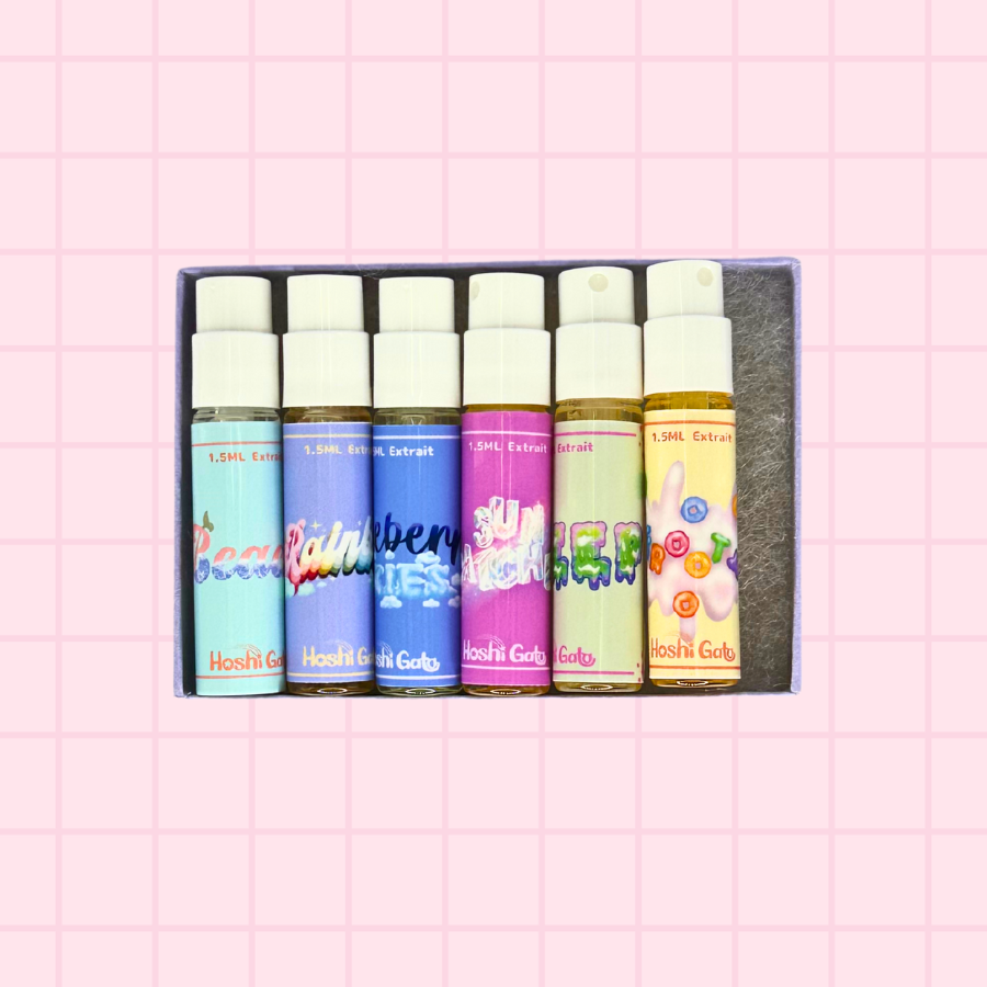 A photo of six sample sized perfumes in the sample box.