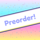 Pastel rainbow gradient background with confetti. Text says "pre-order"