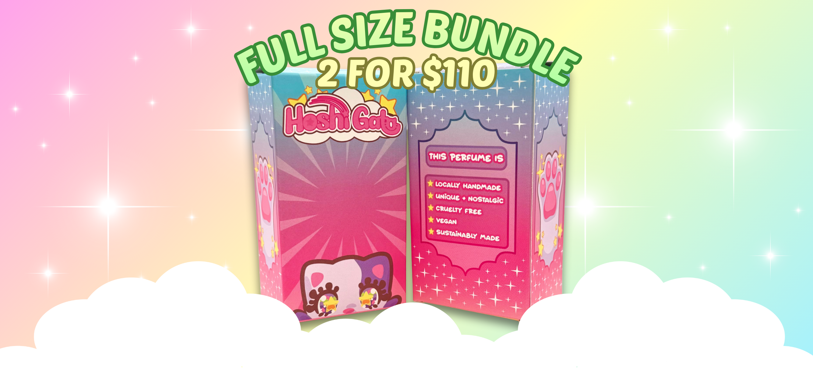 Perfume bundle packaging 2 for $110 on a colorful background