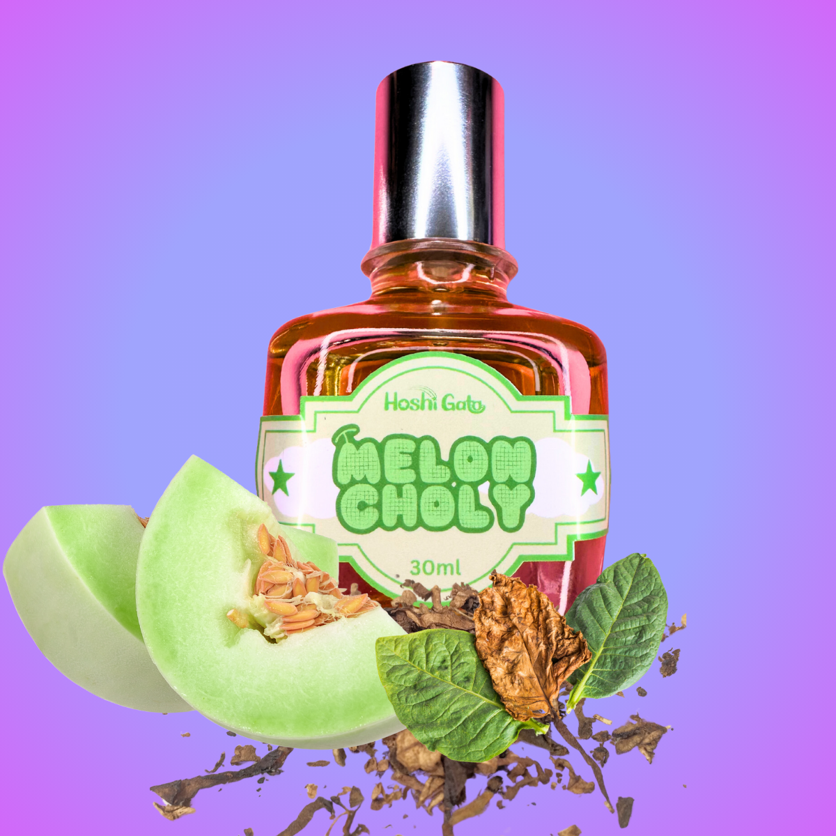 A picture of meloncholy's bottle with green melon and tobacco accents.