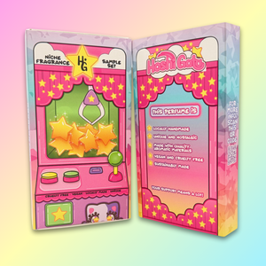 Colorful perfume sample set toy machine themed packaging on a gradient background
