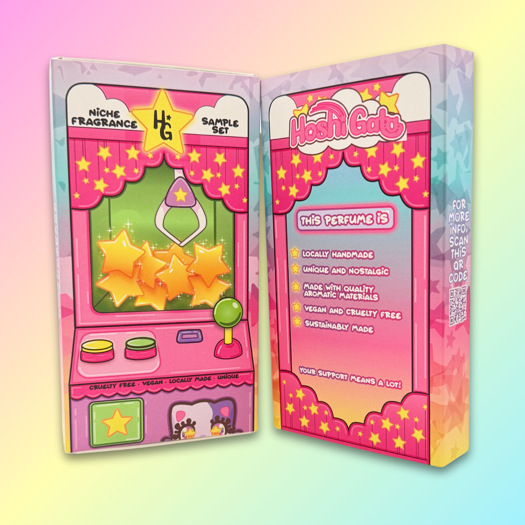 Colorful perfume sample set toy machine themed packaging on a gradient background