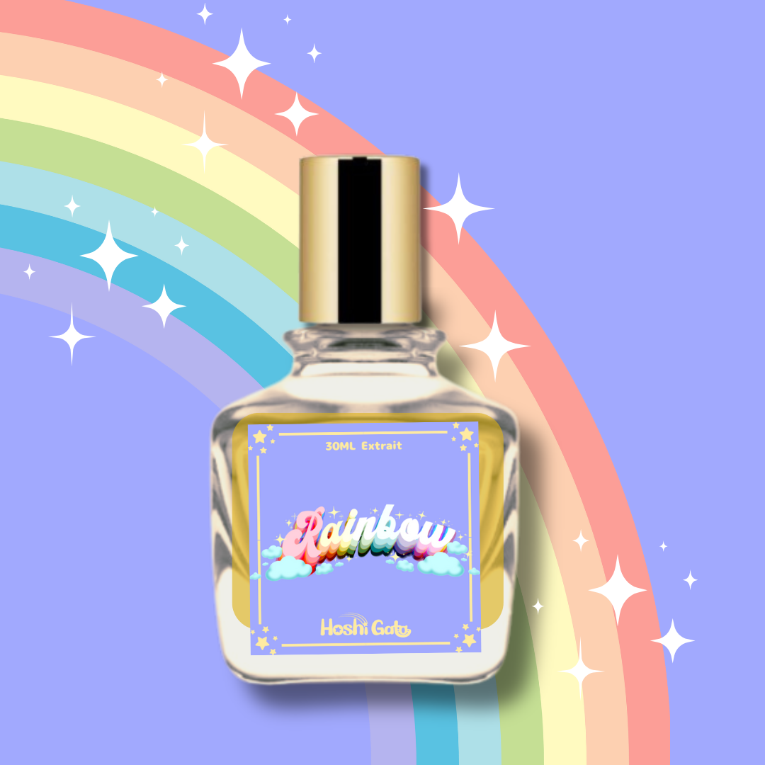 A bottle of rainbow in front of a pastel rainbow graphic with white sparkles