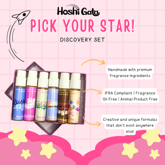 A cute graphic with text that reads: "pick your star discovery set! Handmade with premium fragrance ingredients. IFRA compliant. Fragrance oil-free, Animal Product-free. Creative and unique formulas that don't exist anywhere else!" With a photo of the sample set box containing 6 perfumes.