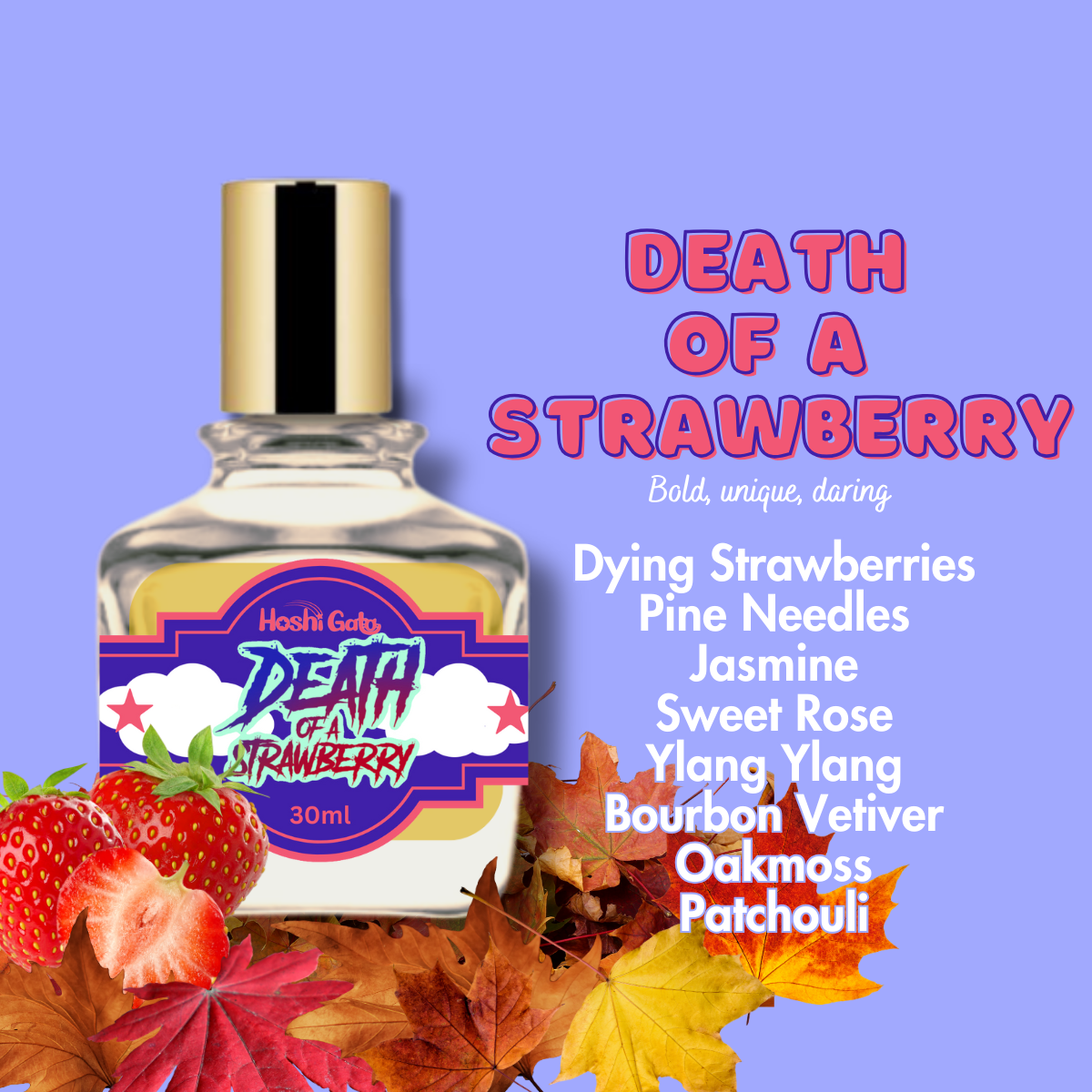 A bottle of Death of a Strawberry sitting on a bed of dead leaves and strawberries.