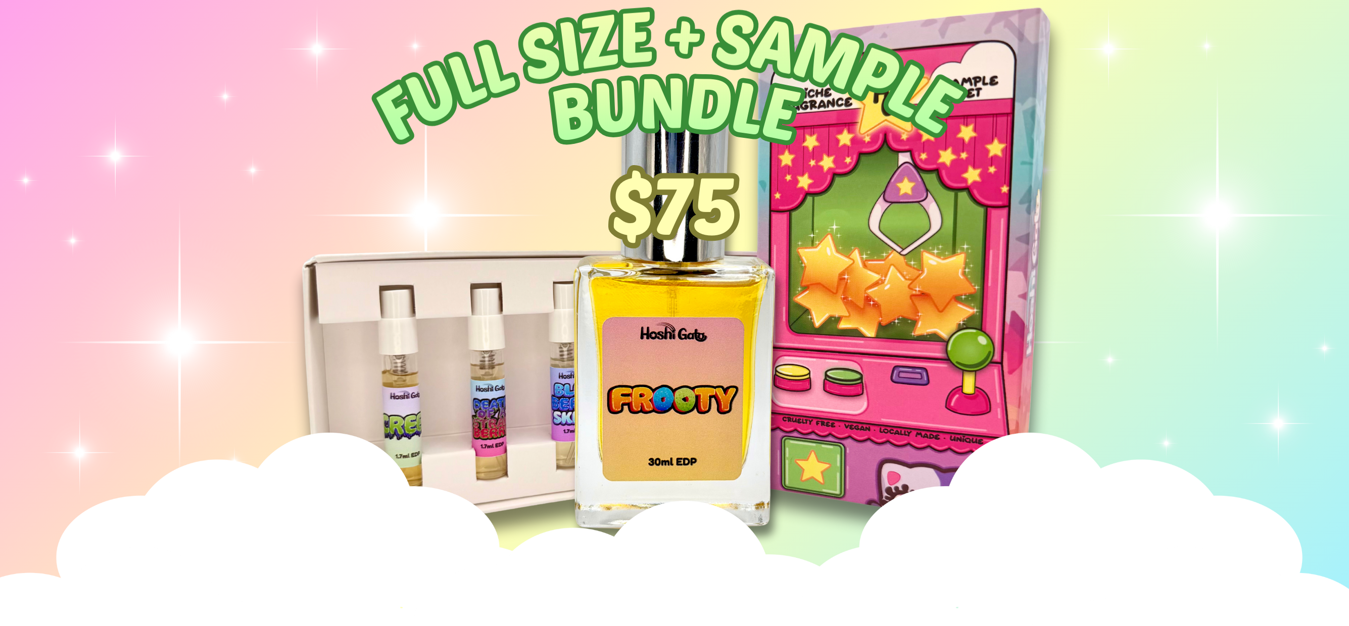 Perfume bottle and samples with packaging and text that says "full size + sample for $75"  on a colorful background