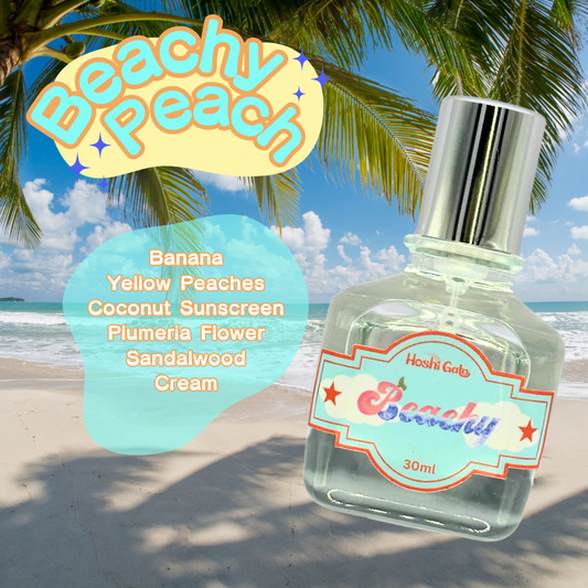 Bottle of Beachy Peach against the backdrop of a tropical beach with the notes listed in text.