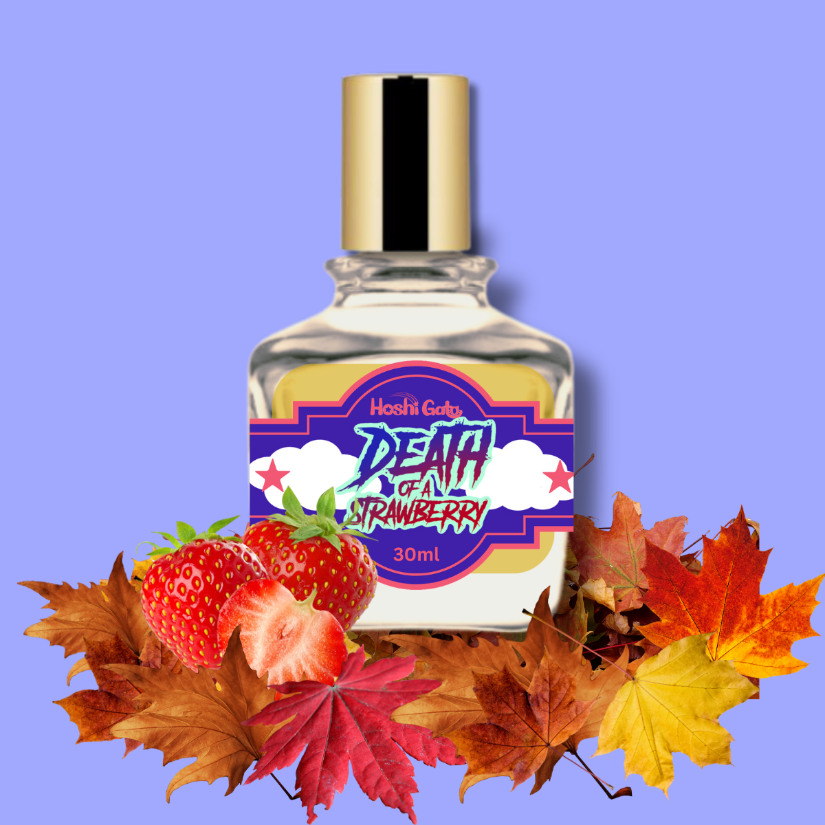 A bottle of Death of a Strawberry on a bed of fall leaves and strawberries.