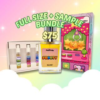 Perfume bottle and samples with packaging and text that says "full size + sample for $75"  on a colorful background