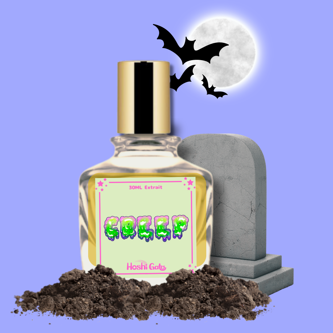 The bottle for creep staged in front of a periwinkle background with dirt, gravestones, and bats in front of a full moon 