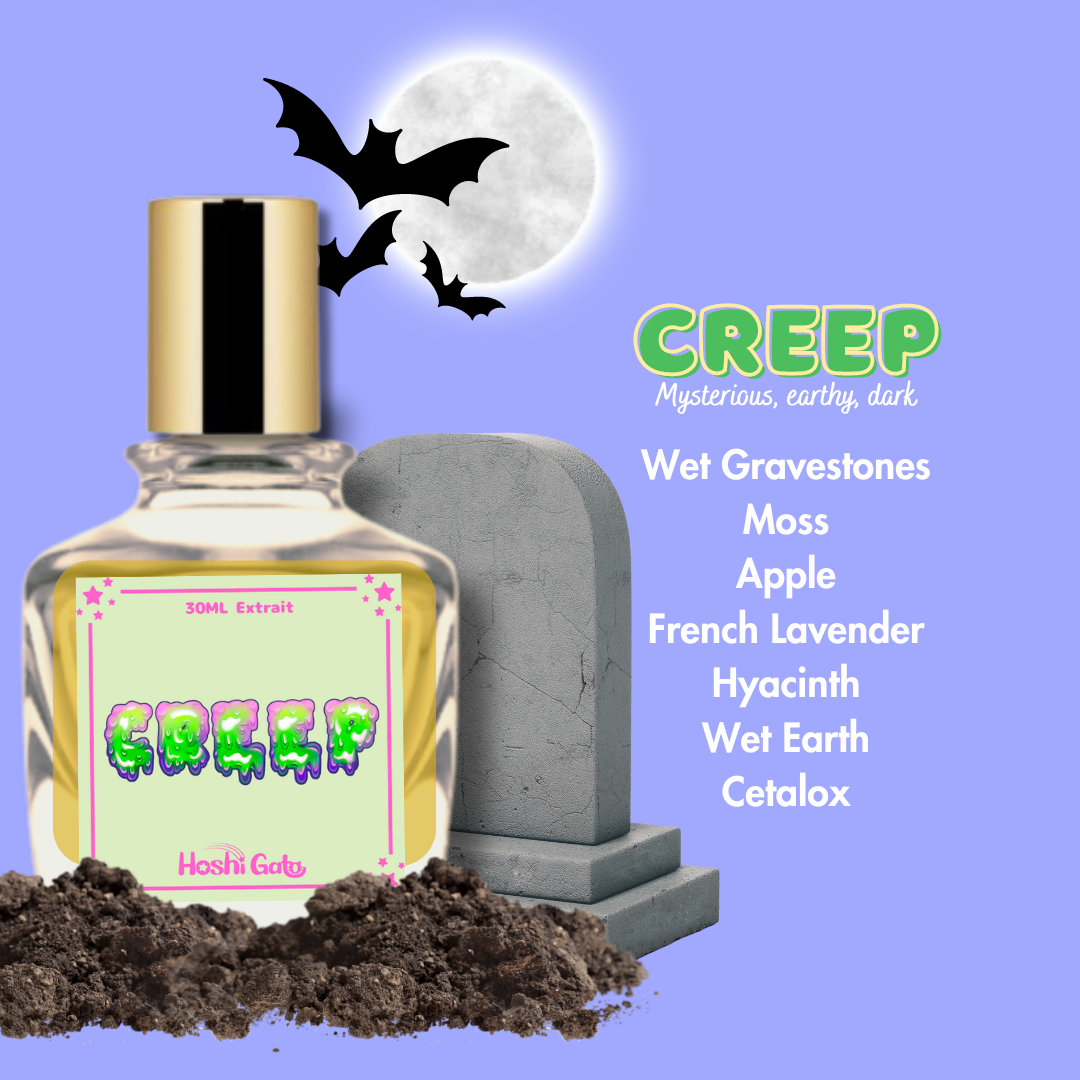 A description for the scent "Creep  that reads "Mysterious, earthy, dark" and a description of the notes that reads "Wet gravestones, moss, apple, french lavender, hyacinth, wet earth, cetalox"