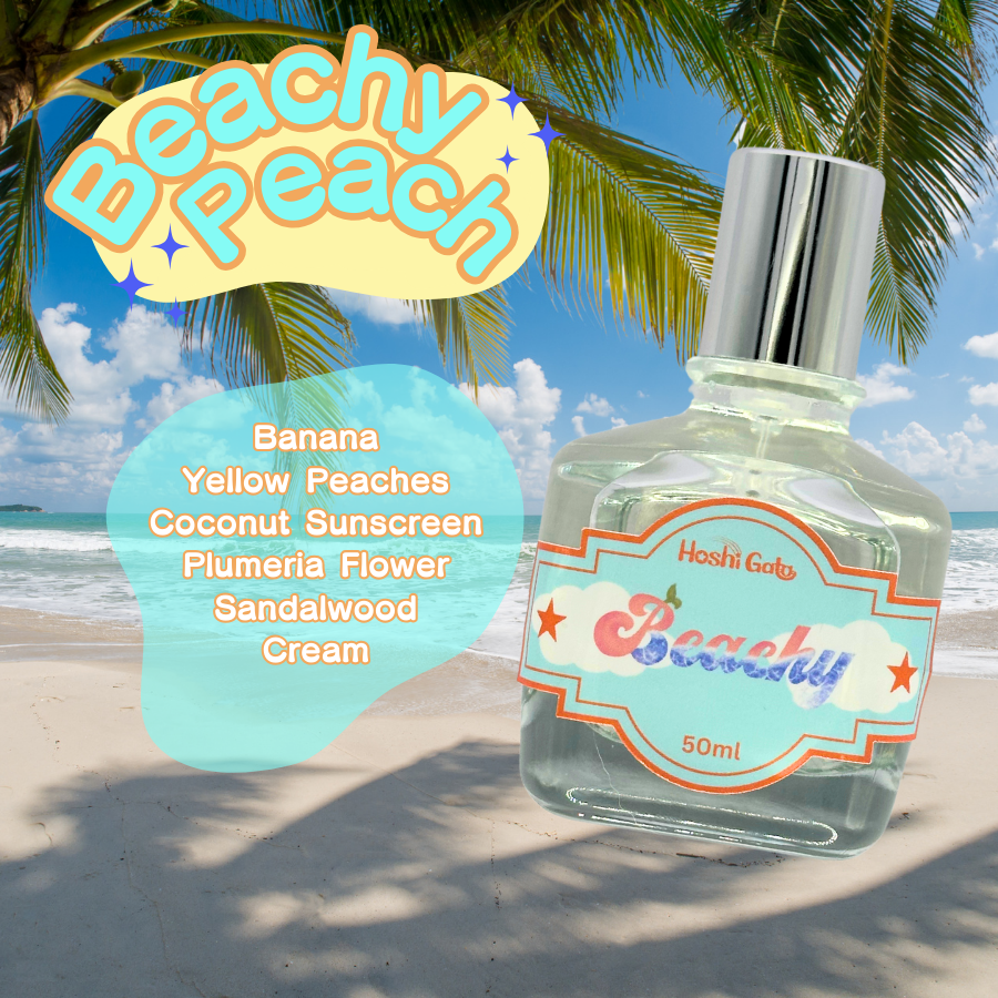 Bottle of Beachy Peach over a backdrop of a tropical beach with the notes listed in text.