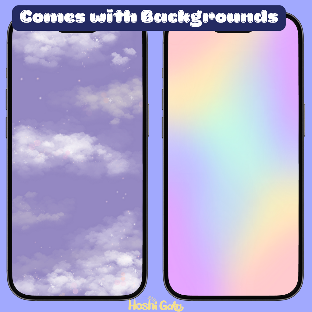 two phone background options. One with an iridescent rainbow gradient and one with a purple night sky with clouds