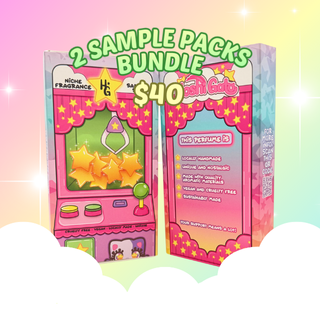 Two sample packs bundle with colorful packaging on a gradient background. 2 for $40 text.