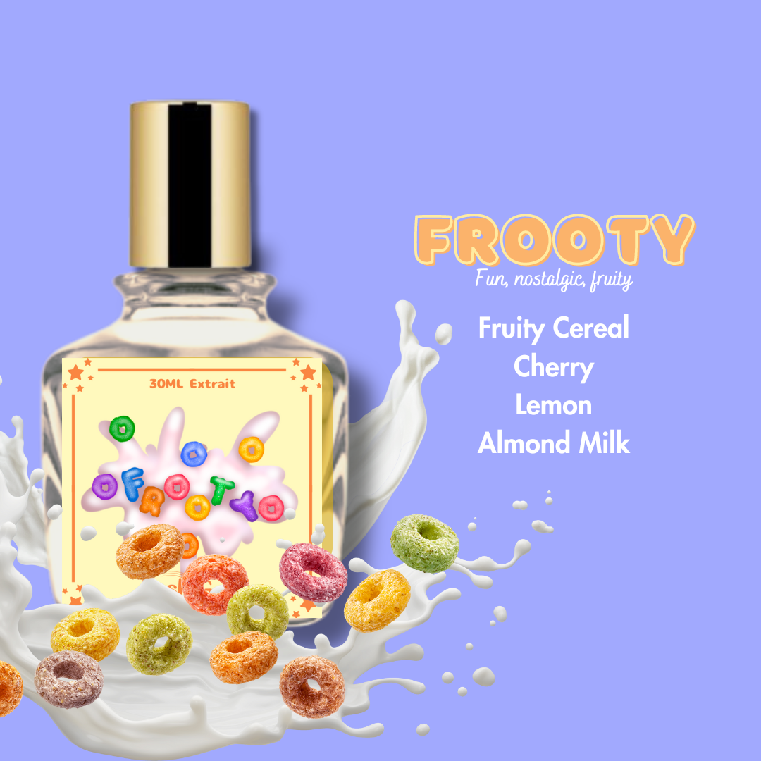 A description for the scent "Frooty"  that reads "fun, nostalgic, and fruity." and a description of the notes that reads "Fruity Cereal, Cherry, Lemon, almond milk"