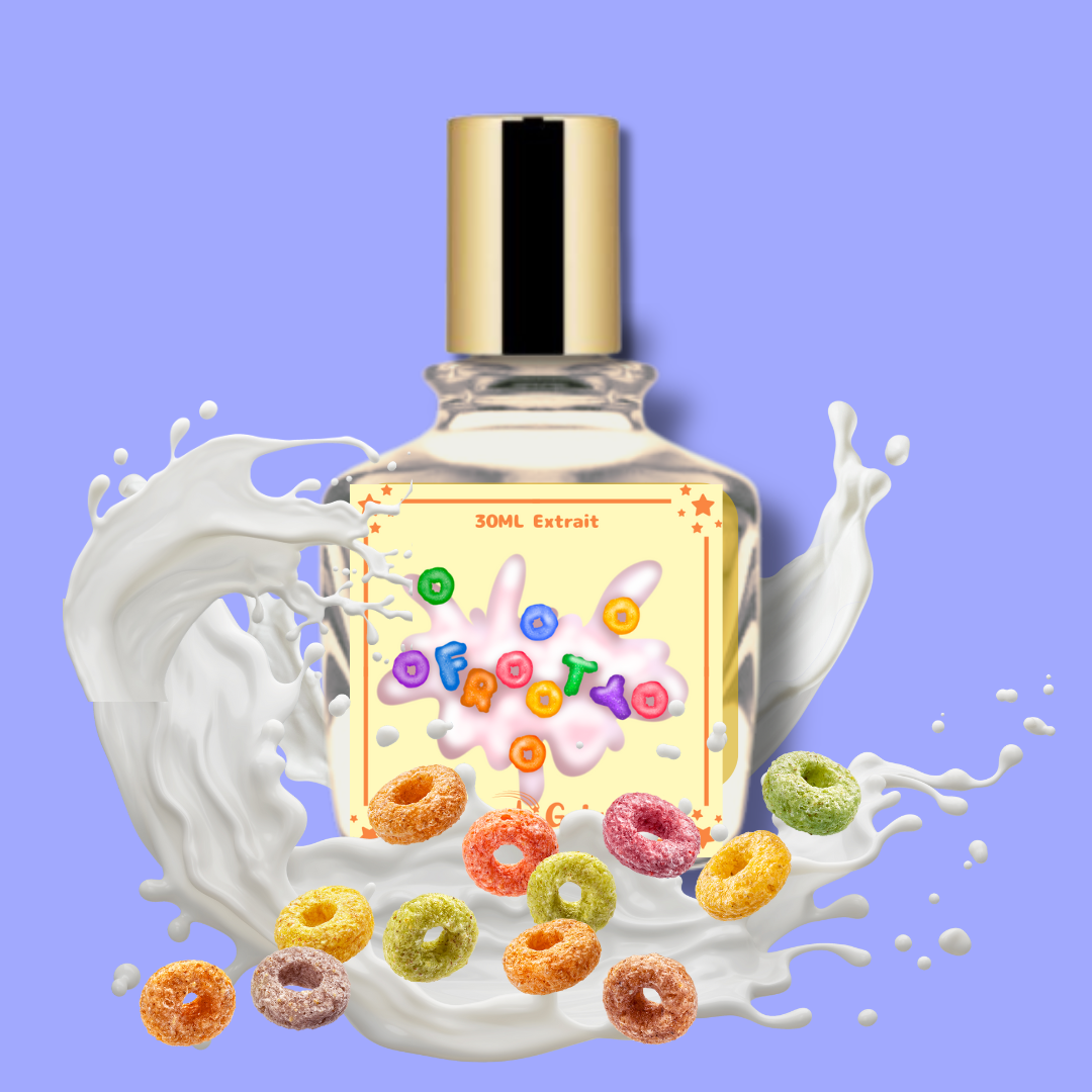 The bottle for frooty with a periwinkle background in a splash of milk and pieces of fruity cereal.