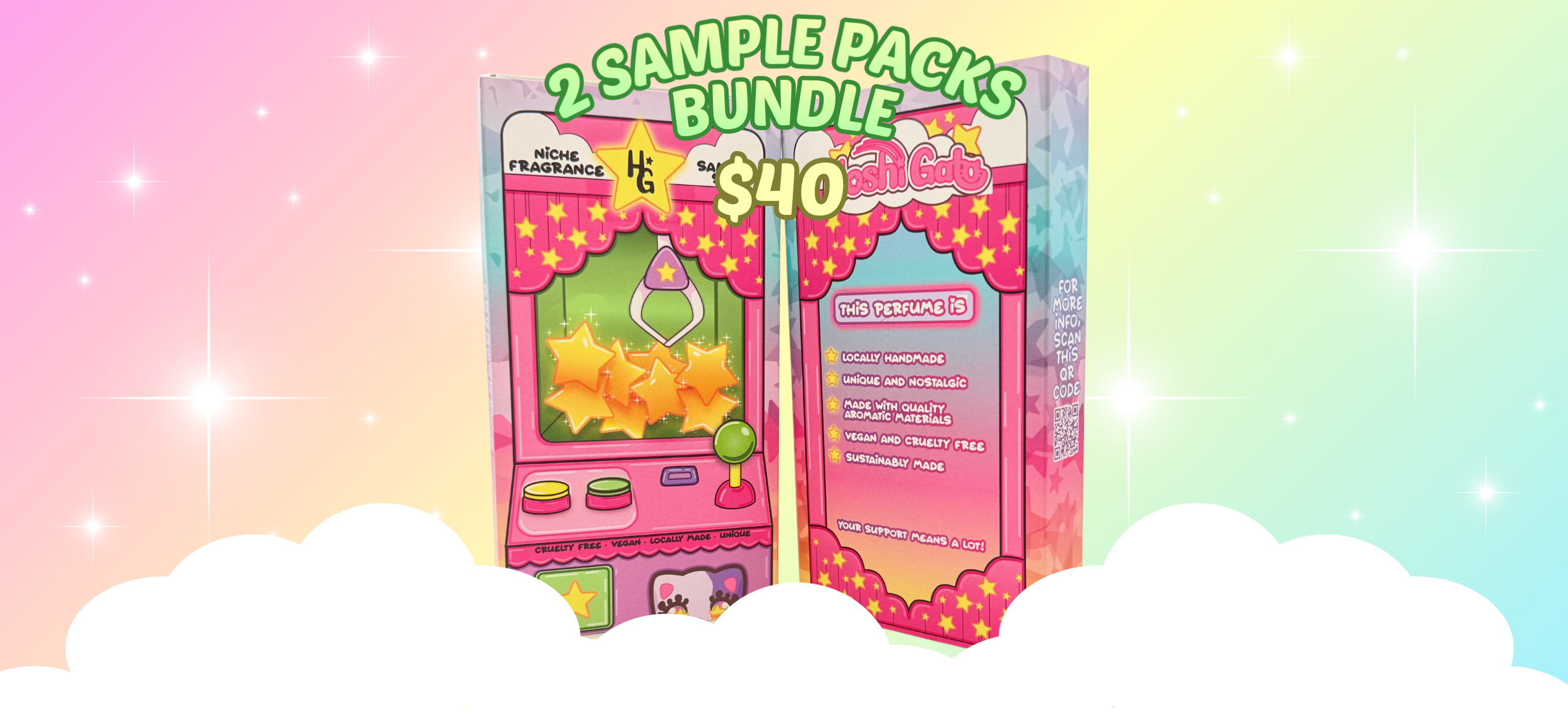 Two sample packs bundle with colorful packaging on a gradient background. 2 for $40 text.