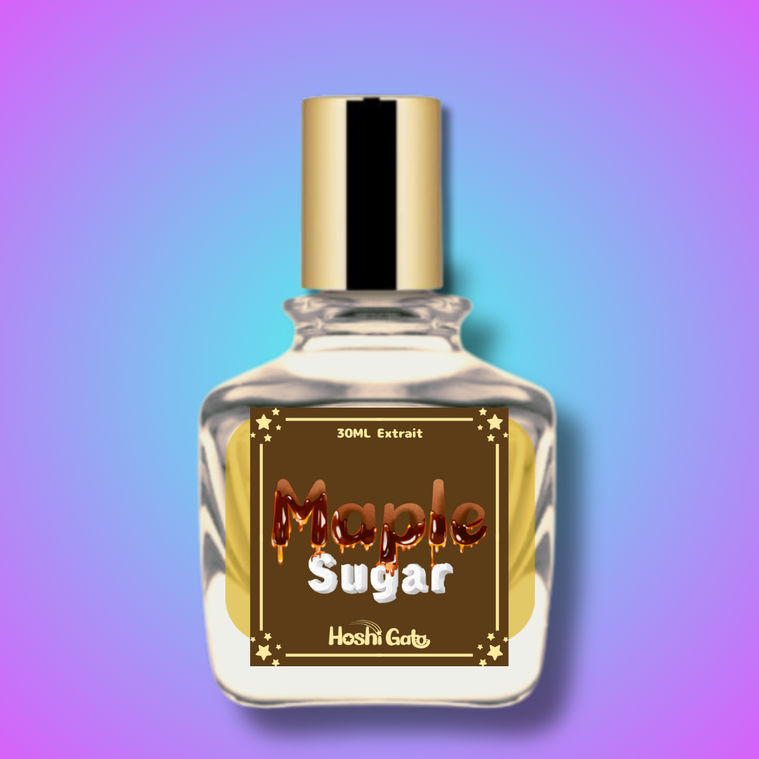 A bottle of maple sugar with a blue and purple gradient background