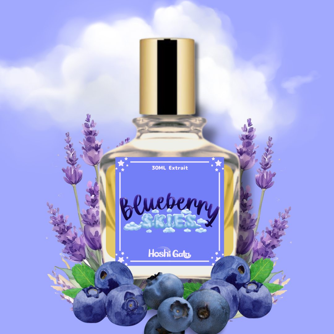 The bottle for blueberry skies staged  in front of a blue sky with sprigs of lavender and blueberries.