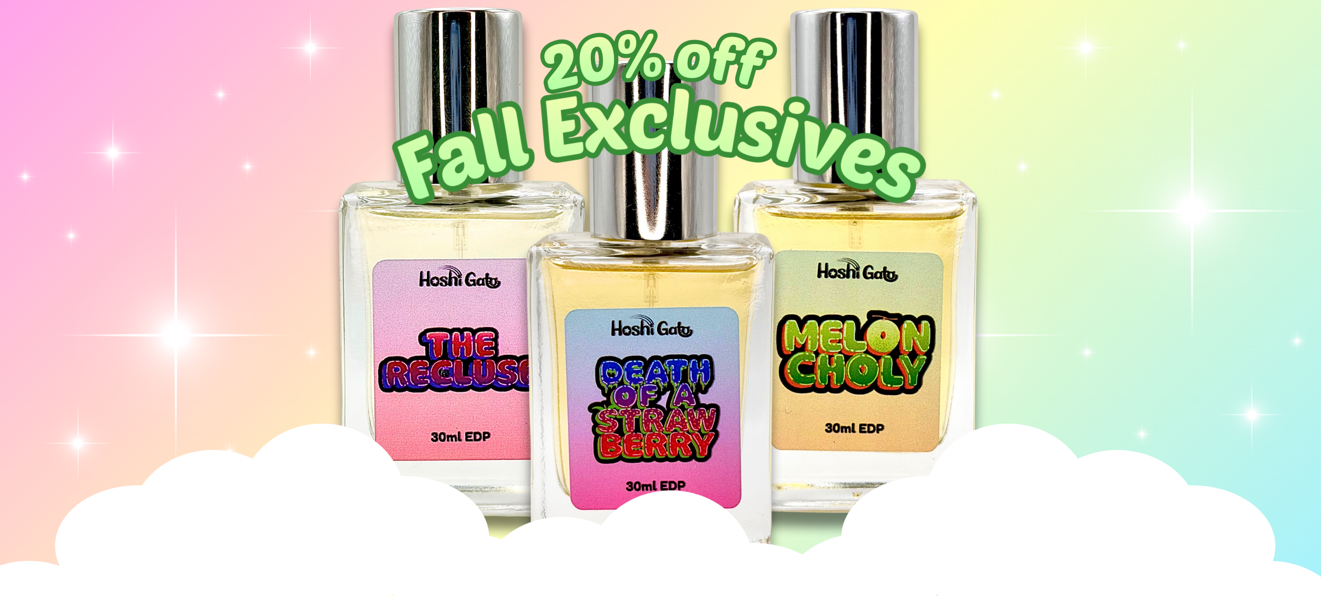 Three perfume bottles with colorful labels on a pastel background, featuring '20% off Fall Exclusives' text.