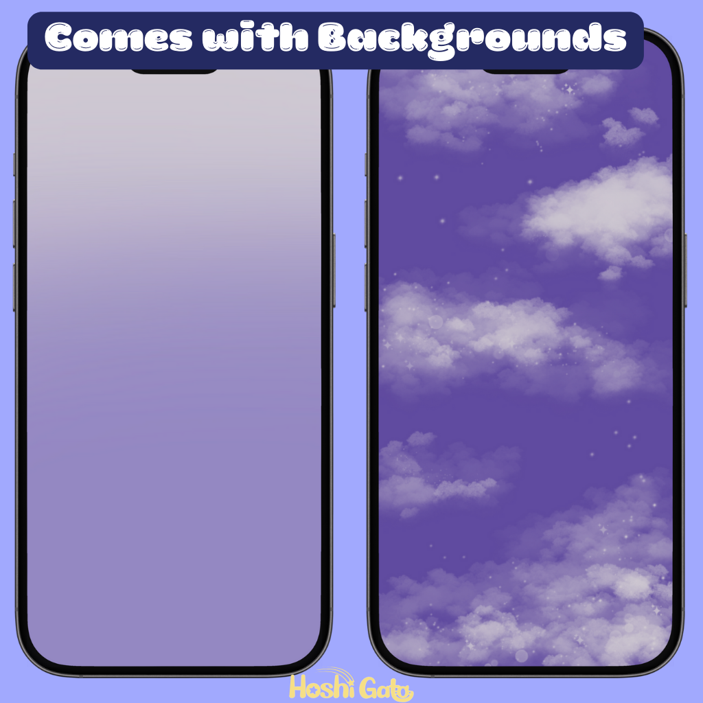 Two phone background options. One with a light purple gradient and the other with a dark purple night sky with clouds.