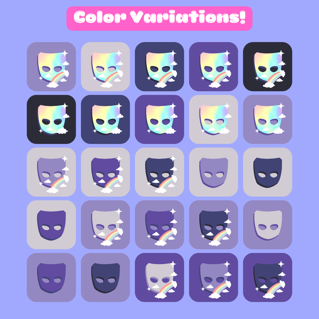 Examples of the color variations. Each icon has 5 shades of purple backgrounds and options with or without iridescent and rainbow icons.