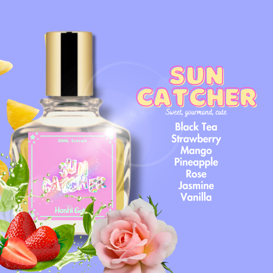 A description for the scent "sun catcher"  that reads "sweet, gourmand, cute." and a description of the notes that reads "Black tea, strawberry, mango, pineapple, rose, jasmine, vanilla"