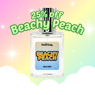 Perfume bottle labeled 'Beachy Peach' with a colorful gradient background and 25% off text.