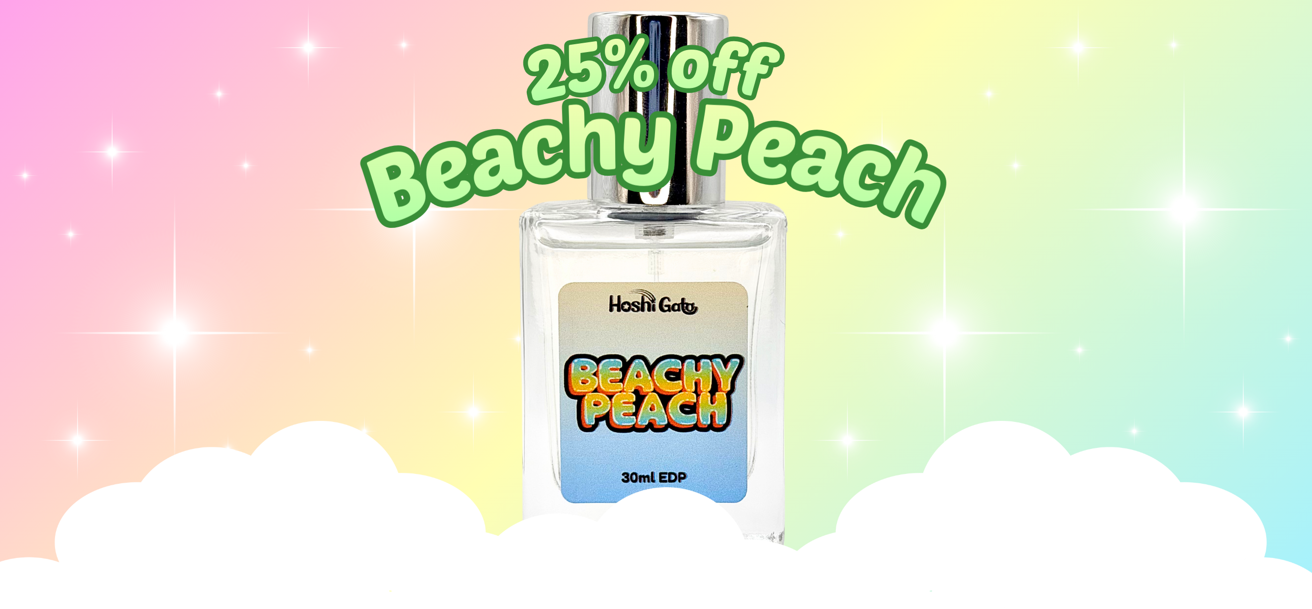 Perfume bottle labeled 'Beachy Peach' with a colorful gradient background and 25% off text.