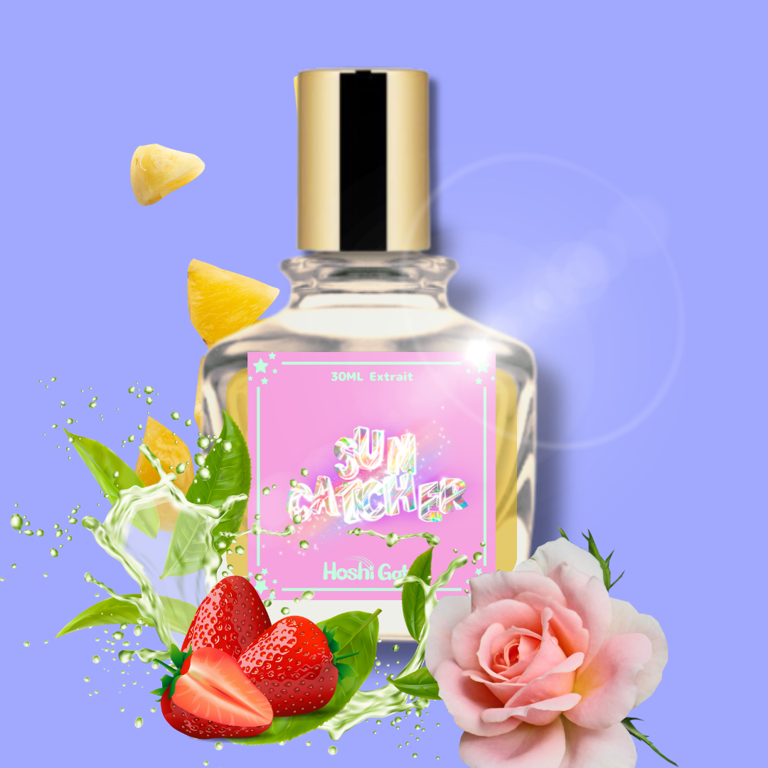 A bottle of sun catcher posed on a periwinkle background with pineapple chunks, strawberries, tea leaves, and a pink rose.