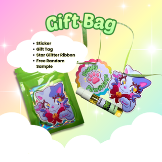 Gift bag with stickers, gift tag, and star glitter ribbon on a colorful background