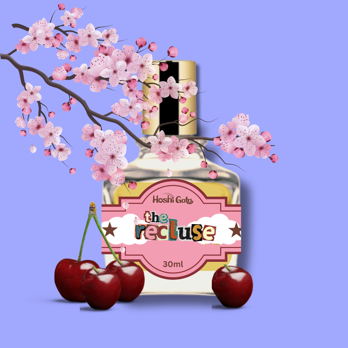 A bottle of The Recluse with sakura blossoms and cherries.