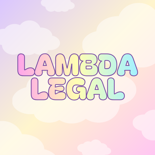 Pastel-colored 'Lambda Legal' text on a soft, multicolored background