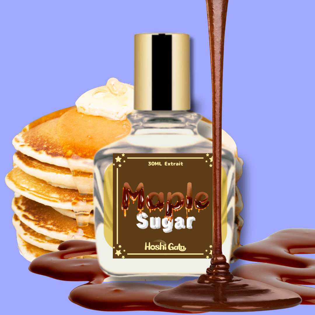 A bottle of maple sugar posed in front of syrupy pancakes with a periwinkle background.