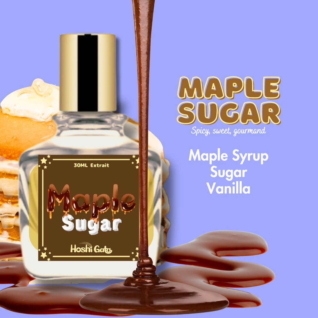 A description for the scent "Maple Sugar"  that reads "Spicy, sweet, gourmand." and a description of the notes that reads "Maple syrup, sugar, vanilla".