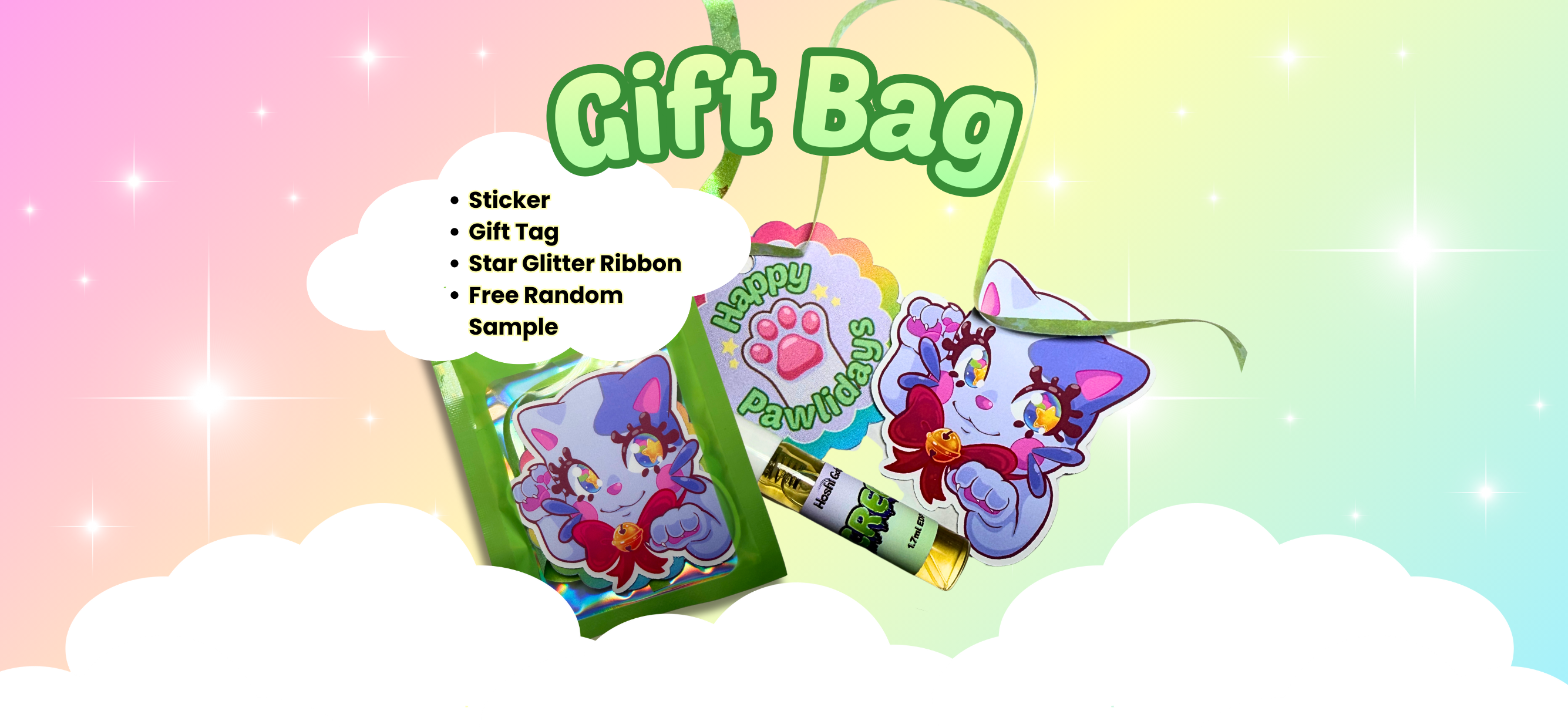 Gift bag with stickers, gift tag, and star glitter ribbon on a colorful background