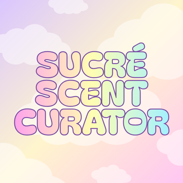 Pastel gradient text 'Sucré Scent Curator' on a soft, multicolored background