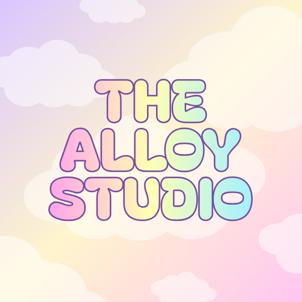 Pastel gradient text 'THE ALLOY STUDIO' on a soft cloud-like background