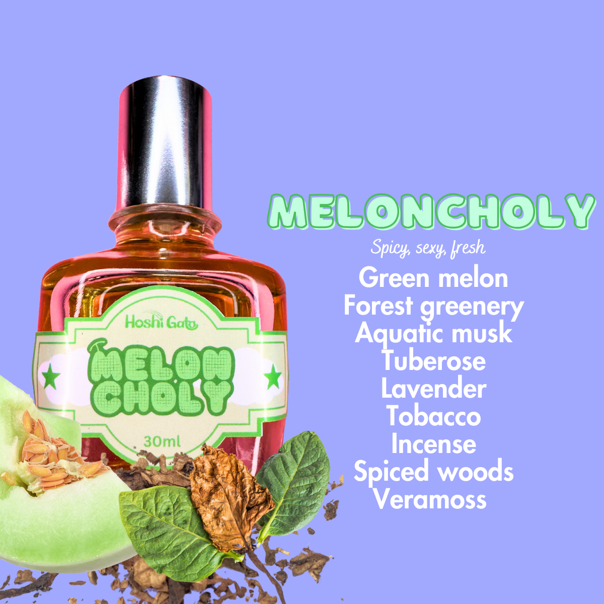 A picture of Meloncholy's bottle with the notes listed on the side. Adorned with melon and tobacco accents.