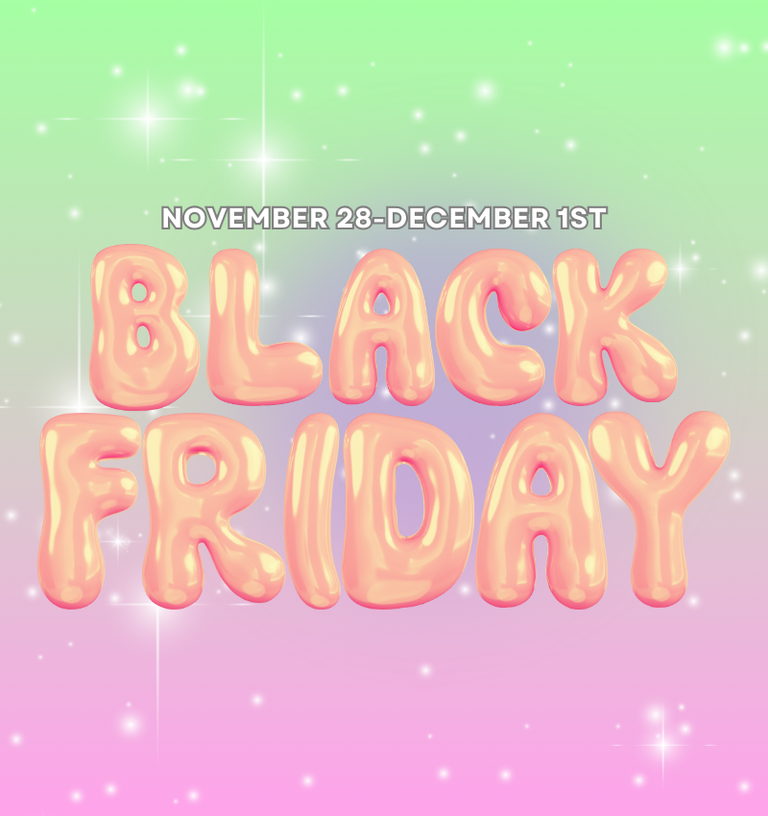 Black Friday promotional text with balloons on a gradient background
