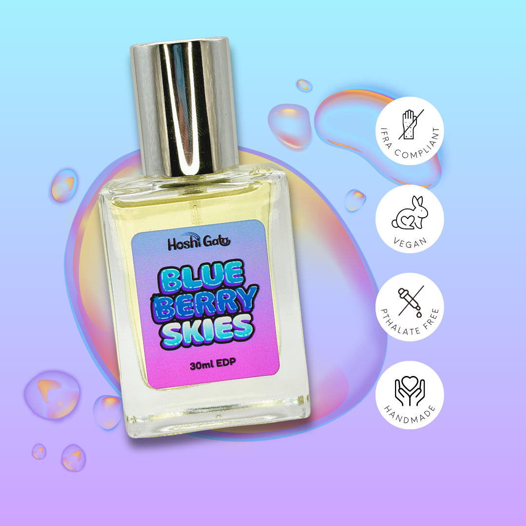 Blueberry Skies on a colorful background with tags stating it is IFRA compliant, vegan, handmade, and phthalate-free.