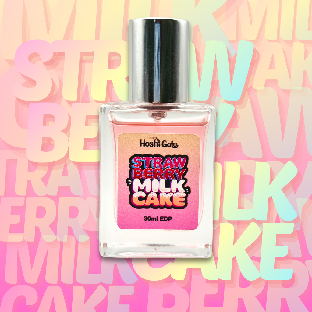 Bottle of Strawberry Milk Cake perfume on colorful background with layered text that reads "strawberry milk cake".