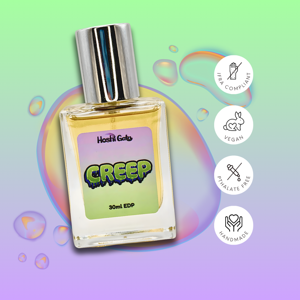 Creep on a colorful background with tags stating it is IFRA compliant, vegan, handmade, and phthalate-free.