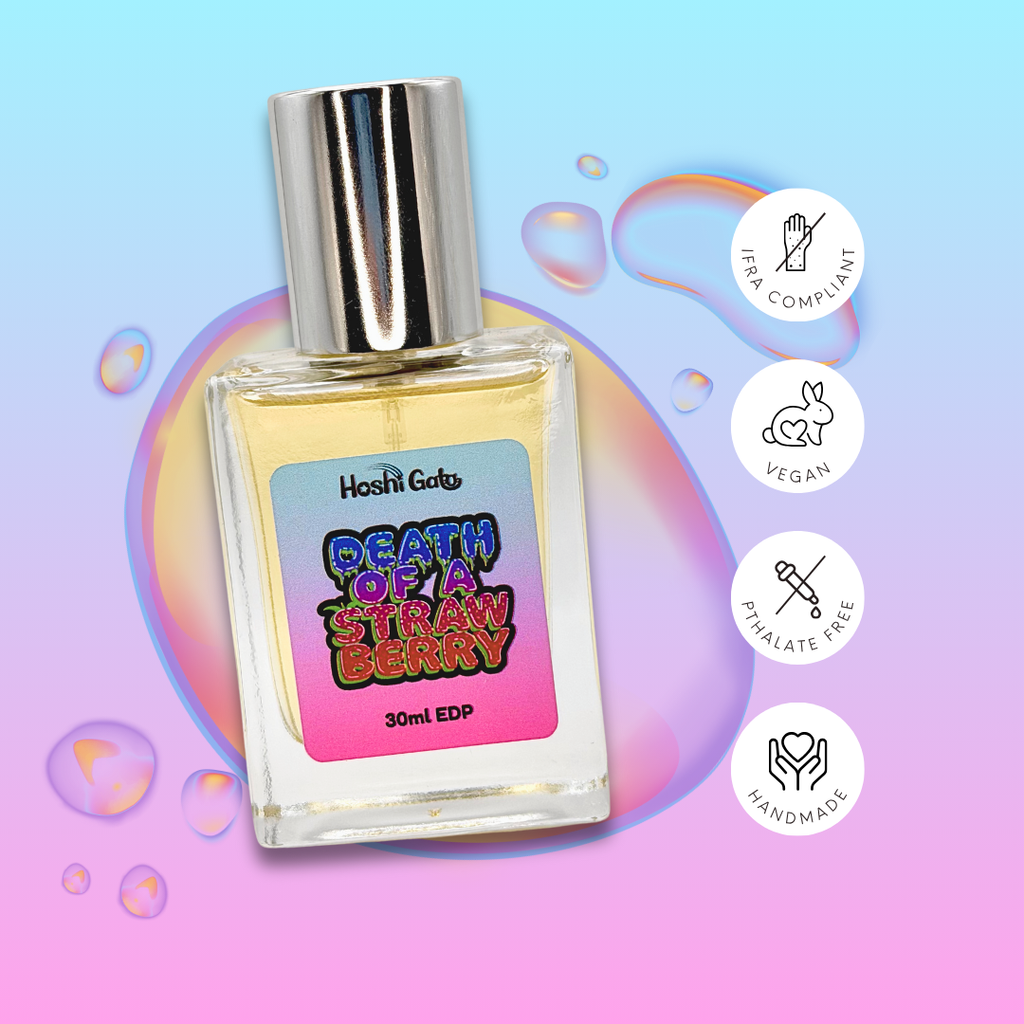 Death of a Strawberry on a colorful background with tags stating it is IFRA compliant, vegan, handmade, and phthalate-free.