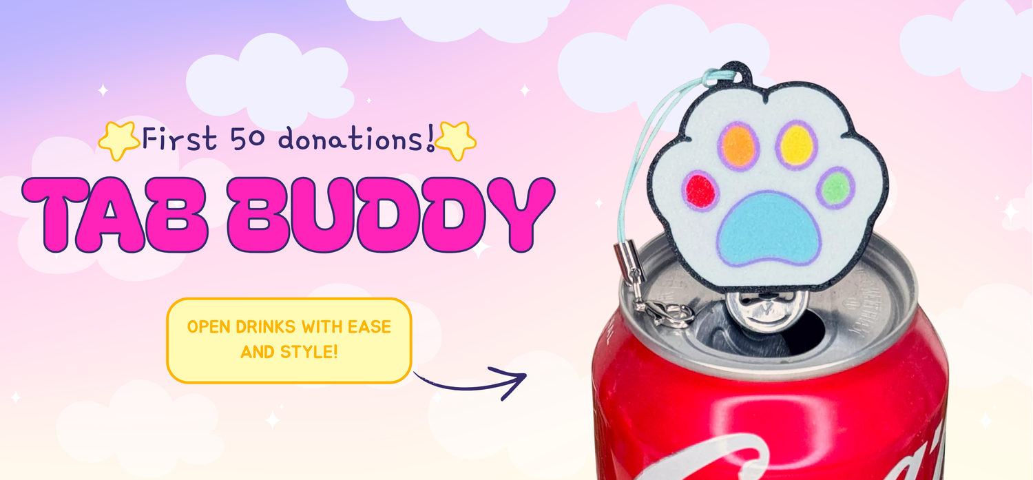 Tab Buddy can opener with pride paw design on a pastel cloud background