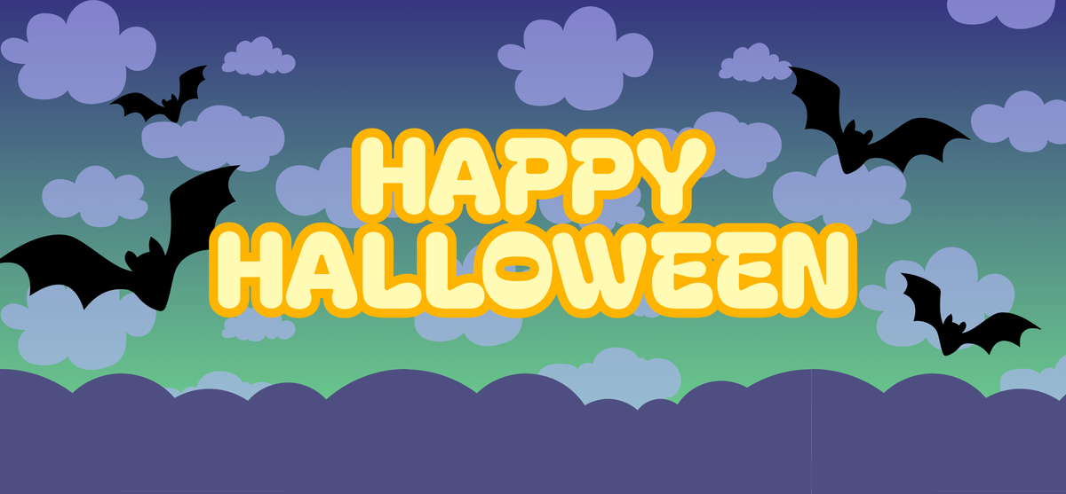 Text that reads "happy halloween" in yellow and orange letter with a green and dark blue sky background. Decorated with dark clouds and bats.