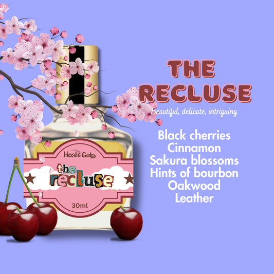 A bottle of the recluse with decorative sakura and cherry accents.